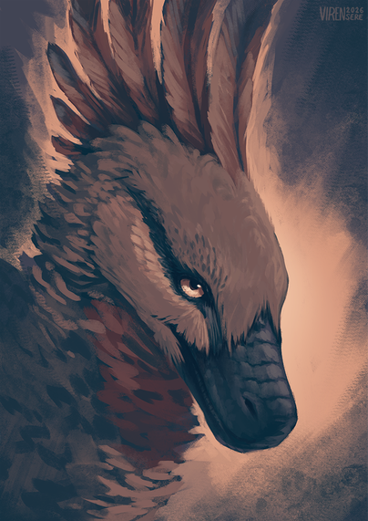 A portrait of a feathered velocirpaptor. The palette is quite muted and mostly has warm ochre tones as well as black.