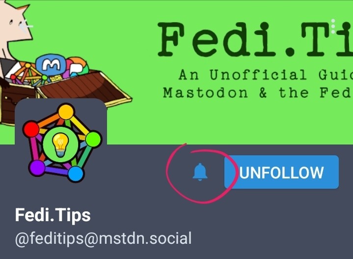 Screenshot of the feditips profile on Tusky, with a bell (circled in red) next to the "following" button