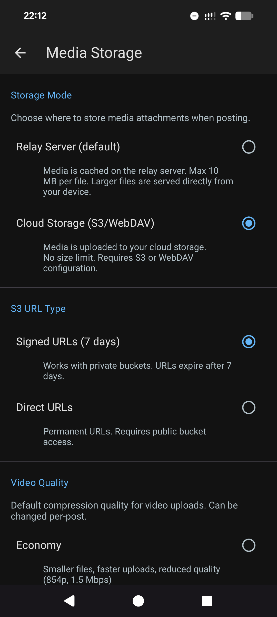 Holos Media Storage settings. Storage Mode offers Relay Server (10 MB cap) or S3/WebDAV. S3 URL Type offers Signed URLs that expire after 7 days, or Direct URLs for public buckets.