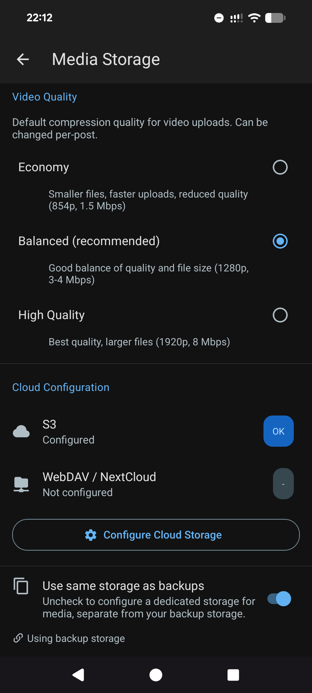 Holos Media Storage settings. Video Quality offers Economy 854p, Balanced 1280p, or High Quality 1920p. Cloud Configuration shows S3 and WebDAV options. A toggle to share storage with backups is available.
