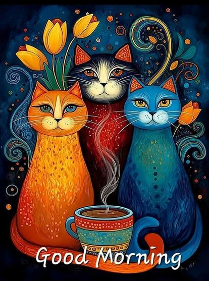 Illustration of three very colorful cats in a row , one orange, the   one set back a bit is black and white and on the right blue. Three yellow tulips to the left bent over them slightly.  Steaming cup of coffe3 at the bottom. “Good Morning”
