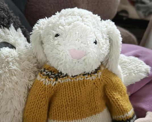 a cream-coloured, skrunkly plushie with black eyes and a pale pink nose is wearing a knitted jumper. the jumper is mustard coloured on the top half, cream coloured on the bottom half, and it has black and cream detailing around the next and cuffs. the plushie is a baby wallaby who happens to have long ears, but it's definitely not a rabbit. it's next to the slightly darker cream-coloured skrunkly tummy of a woodland totoro and in front of the mauve plush of a giant squishmallow.