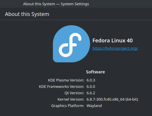 System settings showing Fedora 40 and KDE Plasma 6