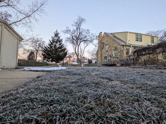 This is an image of a front garden. The sky is blue with a little red towards the horizon. The grass is frozen solid. You can see part of a garden shed on the left side of the image and a house on the right side of the image.