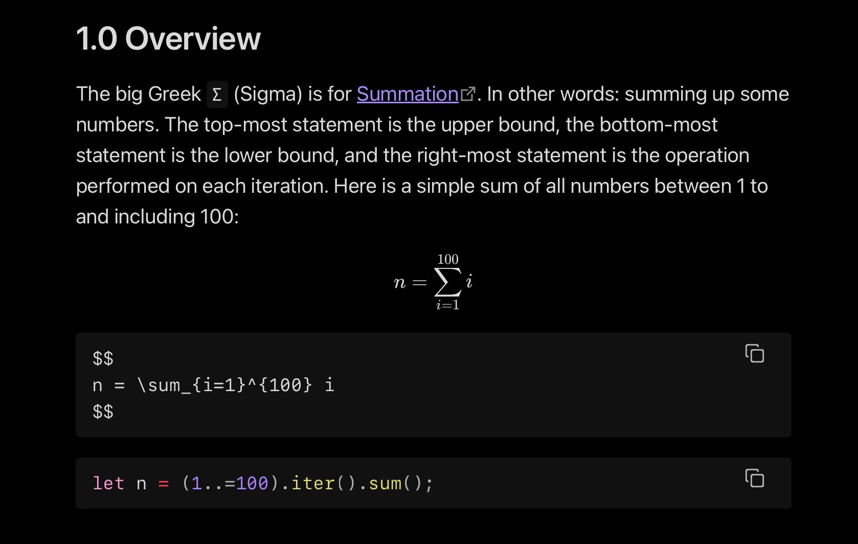 An explainer of how thr Sigma operator works, including a rendered example, latex notation and a code equivalent.