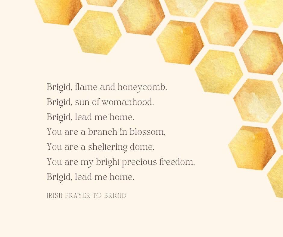 Alt-text:

Poem on a beige background with a honeycomb pattern in the top right corner.

Transcribed Text:

Brigid, flame and honeycomb.
Brigid, sun of womanhood.
Brigid, lead me home.
You are a branch in blossom,
You are a sheltering dome.
You are my bright precious freedom.
Brigid, lead me home.

IRISH PRAYER TO BRIGID
