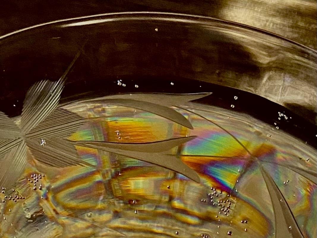 The top edge of a sparkling beverage in an etched crystal glass. The sun is shining on it from the side, making wavy swirly rainbows.