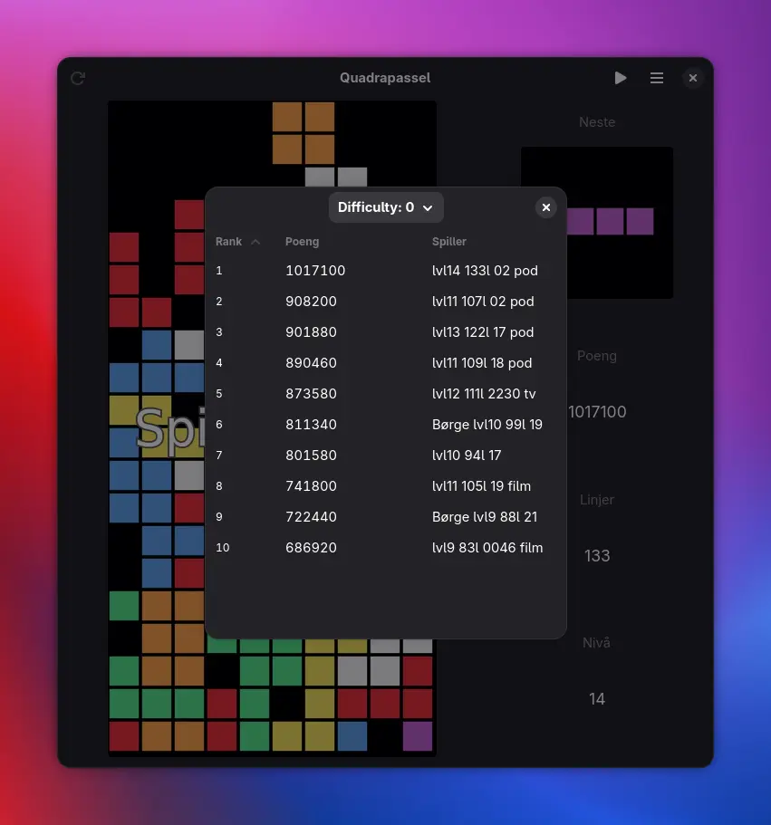 My scoreboard for difficulty 0 in Quadrapassel. Top score is 1017100 points, and I got it at around 2 o'clock in the night, while listening to a podcast (Dear Hank & John)