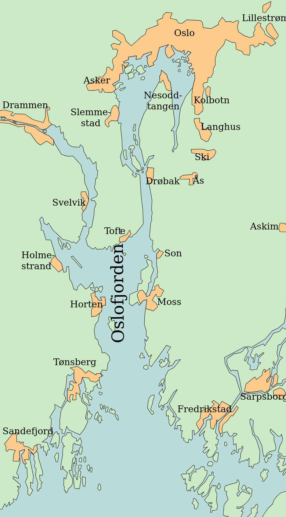 Ill 1: Kart over hele Oslofjorden, fra Skagerrak inn til Oslo og Drammen