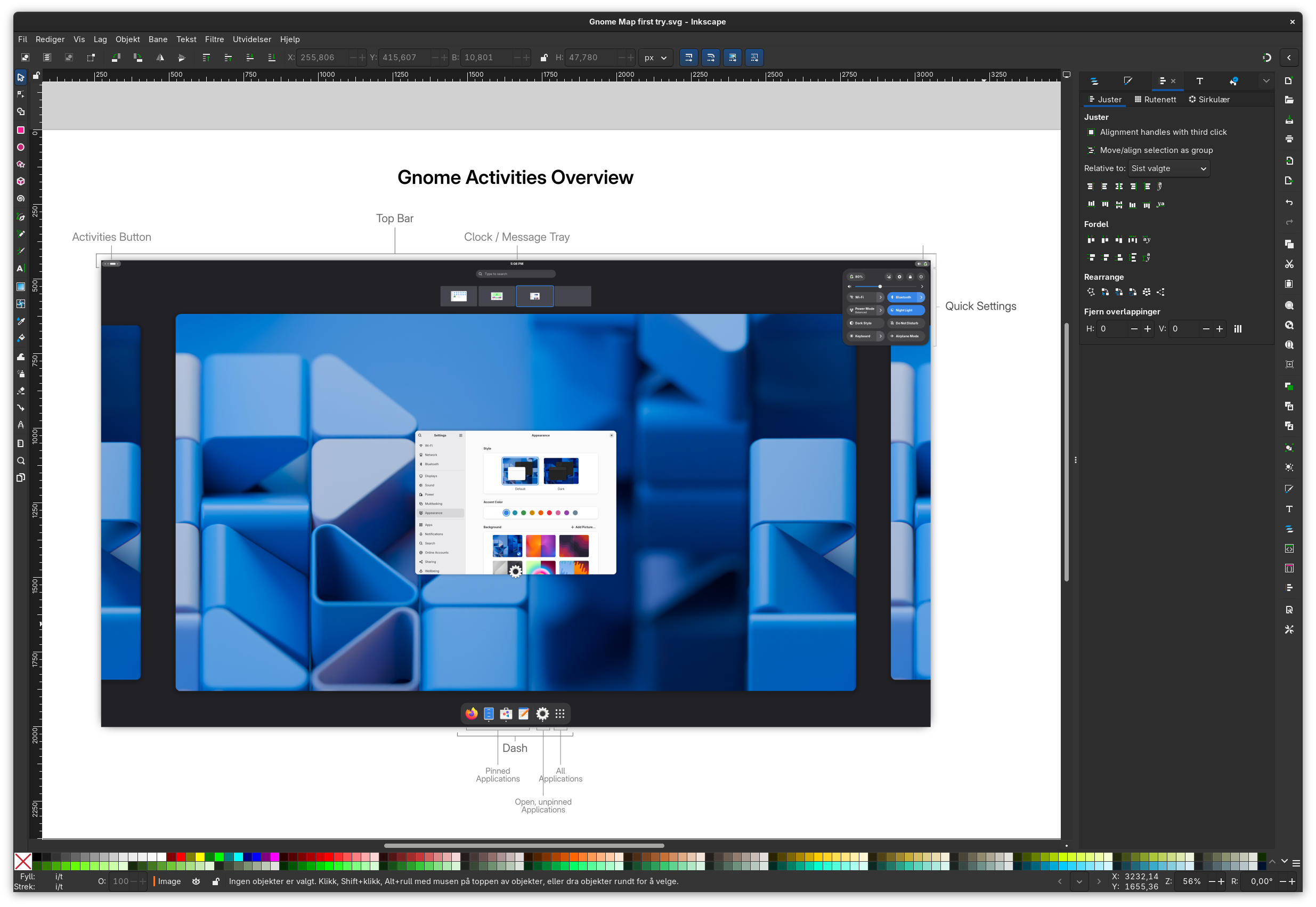 An Inkscape window with a work in progress overview over the Gnome Shell, with names on all the different elements.