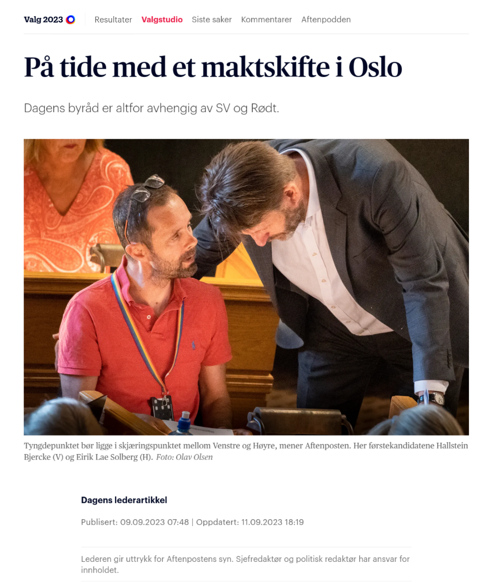 Aftenposten leder-artikkel fra 2023 om at man bør stemme for et maktskifte i Oslo (i praksis: Stem på H eller V)