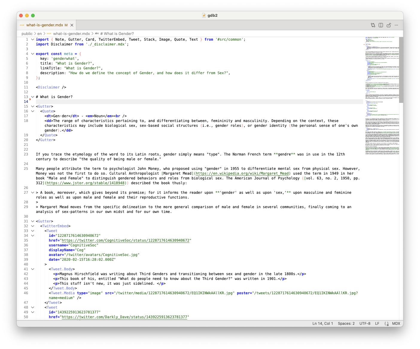 Screenshot of a VSCode window for the What Is Gender page source. The body text is markdown, intermixed with JSX components, similar to React code. A tweet embedded now includes full content details (previously it was just a tweet id).