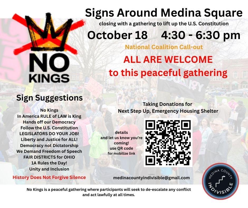 A flyer promoting a gathering in Medina Square on October 18, addressing issues like democracy and housing. It features the slogan "No Kings" and encourages attendees to bring signs. The event aims for peaceful participation and includes information on donating to an emergency housing shelter.