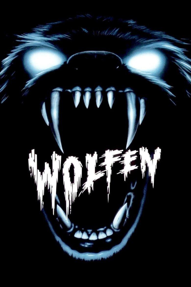 A dark, menacing image of a wolf’s face with glowing white eyes and its mouth wide open, baring sharp fangs and teeth. The fur is barely visible against the black background, highlighting the intense expression and eerie glow of the eyes. Inside the open mouth, the word “WOLFEN” appears in jagged, white, claw-like letters, blending with the sharpness of the teeth to create a horror-themed visual.