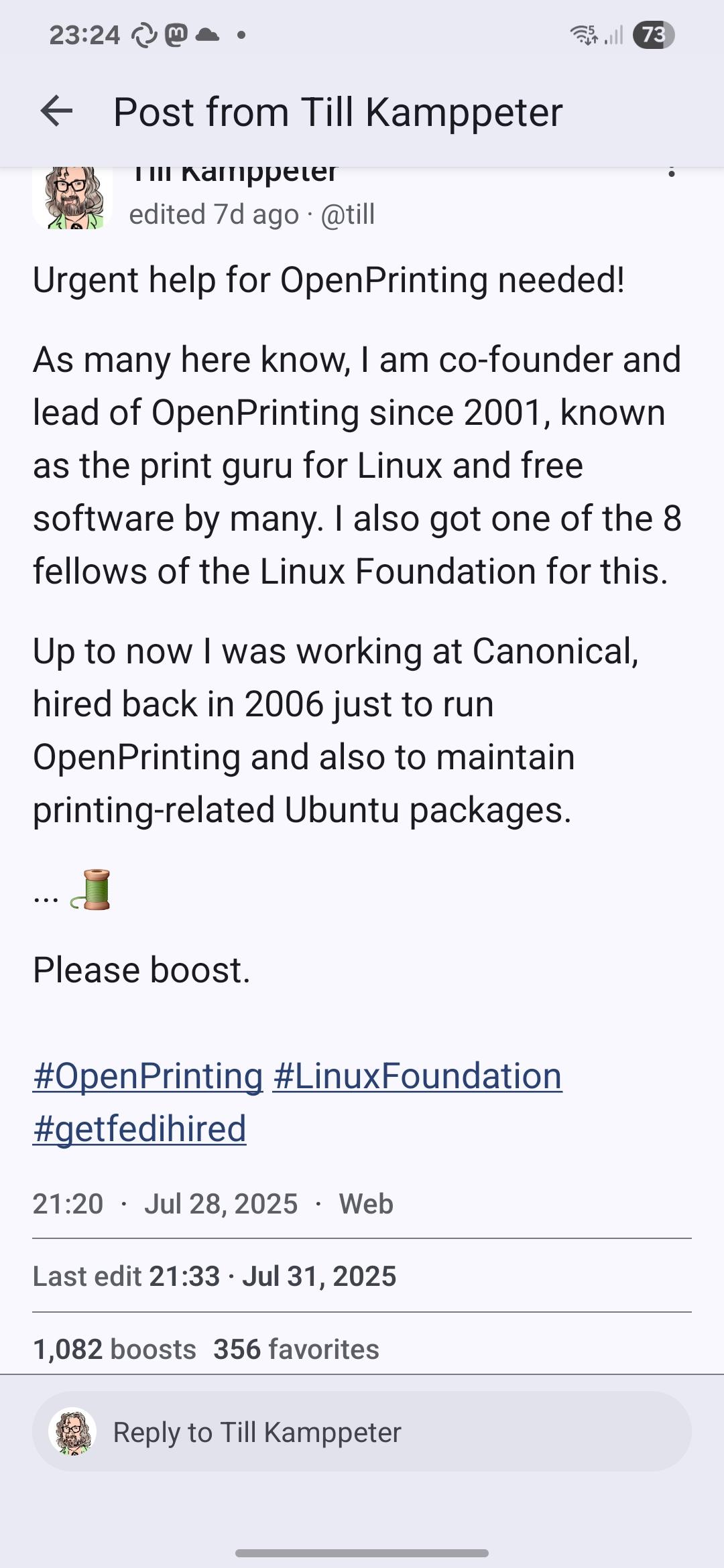 Till Kamppeter: "Urgent help for OpenPrinting needed! As many her ...