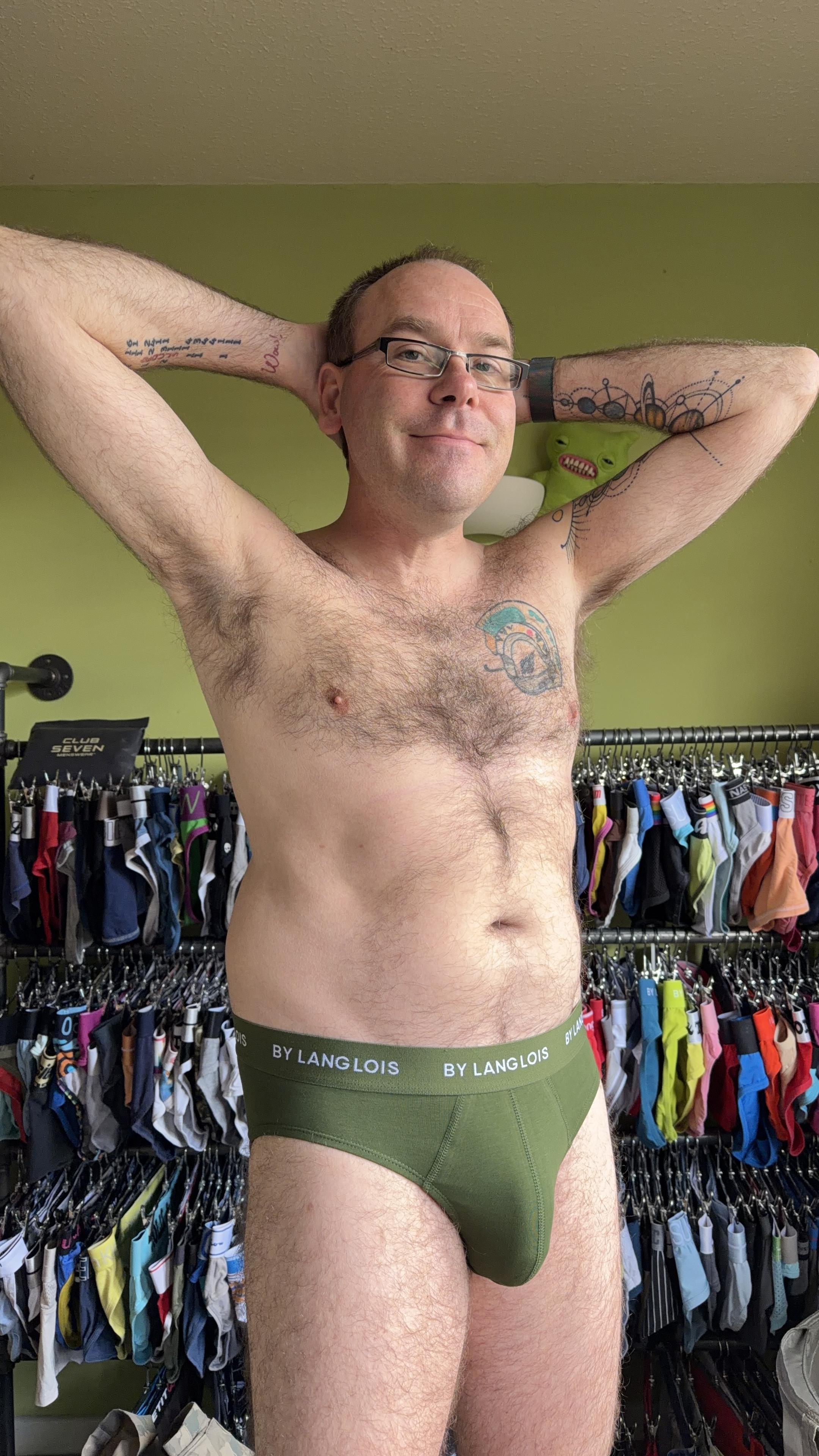 Hairy gay guy wearing dark green By Langlois briefs