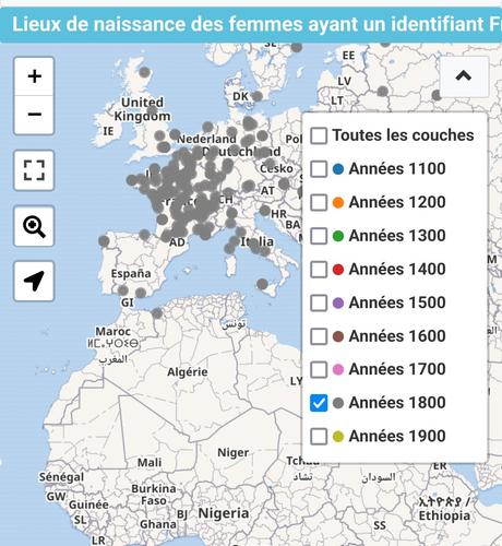 Représentation cartographique des lieux de naissance des femmes ayant un identifiant FranceArchives Agent, avec le calque 19e siècle affiché (requête sparql Wikidata)