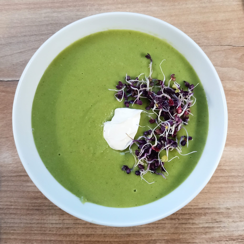 Die fertige sehr grüne Suppe in einer Suppenschale, garniert mit Creme Fraiche und Sprossen.