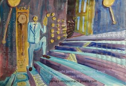G.
Forever is Composed of Nows.
Acrylic on paper.

The title of an Emily Dickinson poem about forever and now inspired this painting about time, represented by clocks, a clock headed man, on a stairs, beside a grandfather clock, moving towards a door.