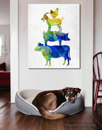 Colorful farm animals standing on top of each other...cow, pig, goat and chicken in a decor setting with a cute dog in a bed underneath by artist and poet Sharon Cummings.  Haiku in post.
