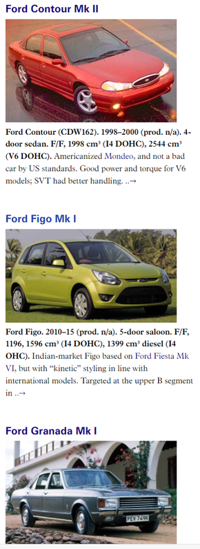 The Ford Contour Mk II, Figo Mk I and Granada Mk I all appearing on the home page of the main Autocade website. The entries are randomly selected.