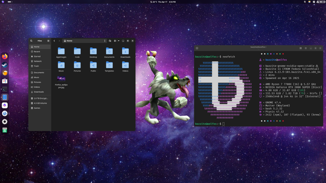 A screenshot of my desktop. 

The WOLFOS enemy from Legend of Zelda Ocarina of Time is in the middle of a big purple cosmos. 

Two open windows. On the left is the File browser, on the right is a Terminal with the output of the Neofetch command showing some system specs.