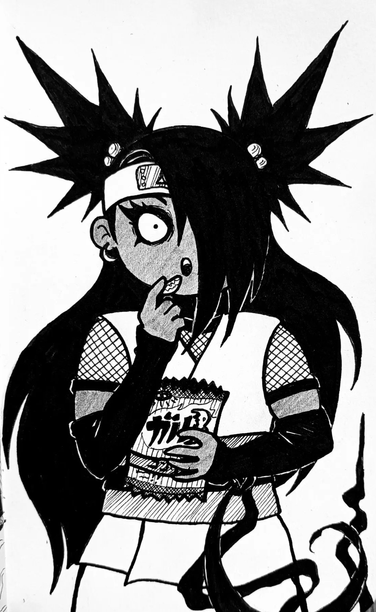 Ilustración tradicional en tinta y papel. Personaje ChoCho de la serie de anime y manga Boruto.