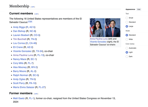 The following 16 United States representatives are members of the El Salvador Caucus:[7][8]

    Andy Biggs (R, AZ-5)
    Dan Bishop (R, NC-8)
    Lauren Boebert (R, CO-3)
    Tim Burchett (R, TN-2)
    Lou Correa (D, CA-46)
    Eli Crane (R, AZ-2)
    Vicente Gonzalez (D, TX-34), co-chair
    Anna Paulina Luna (R, FL-13), co-chair
    Nancy Mace (R, SC-1)
    Cory Mills (R, FL-7)
    Alex Mooney (R, WV-2)
    Barry Moore (R, AL-2)
    Ralph Norman (R, SC-5)
    Andy Ogles (R, TN-5)
    Scott Perry (R, PA-10)
    María Elvira Salazar (R, FL-27)