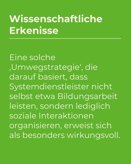 Eine solche ‚Umwegstrategie', die darauf basiert, dass Systemdienstleister nicht selbst etwa Bildungsarbeit leisten, sondern lediglich soziale Interaktionen organisieren, erweist sich als besonders wirkungsvoll.