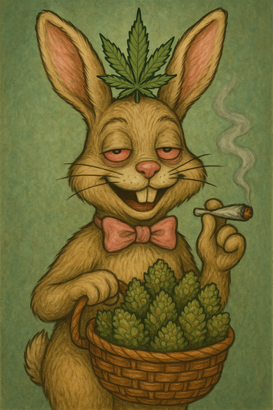 A playful and cheeky illustration combining Easter and 4/20 humor features a cartoon bunny with red, half-lidded eyes, a lazy grin, and a pink bowtie. The bunny is holding a lit joint in one hand, with visible smoke curling upward, and a woven basket full of cannabis buds in the other. A large marijuana leaf sticks out from the top of the bunny’s head like a festive decoration, mimicking the look of bunny ears.

The style is soft and textured, resembling vintage storybook art, but with a stoner twist. The image humorously riffs on the rare overlap of Easter Sunday and April 20th (4/20) in 2025, blending wholesome holiday imagery with cannabis culture for a lighthearted, irreverent joke.