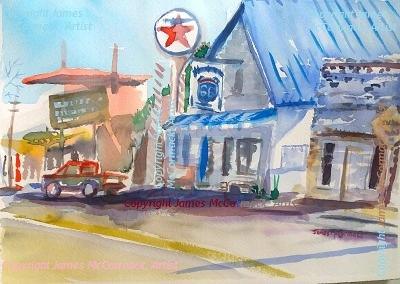 G.
'Route 66' by James McCormack 
Watercolour

A watercolour of the route 66 highway, Seligman, showing a Texaco gas station and a red pickup truck.