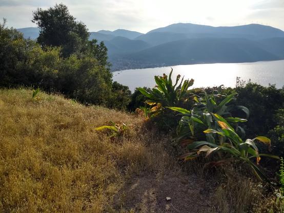 Evening view from Ancient Same acropolis, Kefalonia, looking across the bay and mountains of the island.
