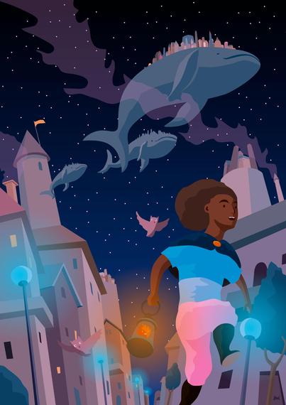 A black girl is running through a city at night with two owls following her and whales floating through the starry sky! There are buildings on the whale's backs!
