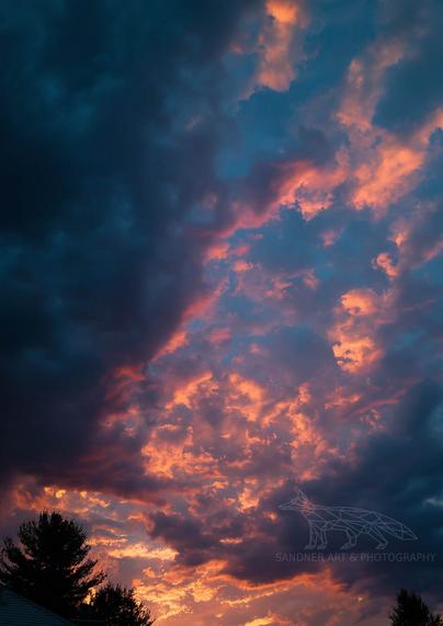 A dramatic sunset sky filled with textured, billowing clouds lit in fiery orange, magenta, and deep purples. The right half of the sky glows with light, while the left is shaded by approaching storm clouds. Silhouettes of tall pine trees and rooftops frame the bottom edge of the photo.