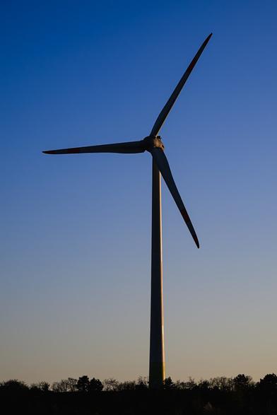 A single wind turbine stands tall against a clear blue sky at sunset, with the horizon lined by silhouettes of trees. The soft golden light highlights the sleek structure and emphasizes the peaceful, renewable energy theme.
