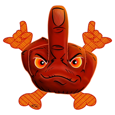 Cartoon hand in middle finger salute. Has angry but focused eyes on the backs of the 2nd and 4th fingers. It's a deep ember orange outlined in bright orange. Its mouth is set in a determined scowl, turned up at the edges. It has the typical skull and crossbones X of arms and legs behind it of the MetalHeads dummies I draw. These are colored orange, with narrow red grill lines over the top.