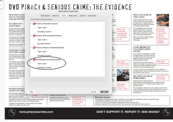 screenshot of piracy PSA PDF opened to view the embedded fonts and the offending font is called XBANDRough
