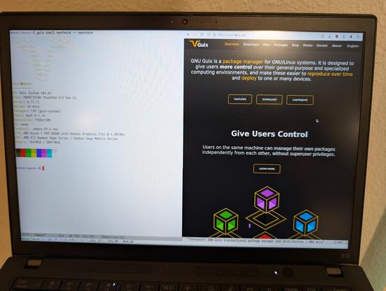A photo of my ThinkPad X13 Gen 2 AMD's screen.  It's running EXWM, a tiling WM that runs in Emacs.  On the right is the output of Neofetch running in an Emacs shell, on the left is LibreWolf showing the Guix webpage.