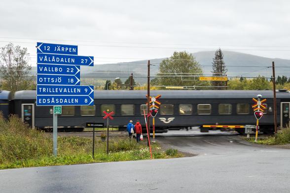 Nachtzug passiert Bahnübergang vor einem Berg