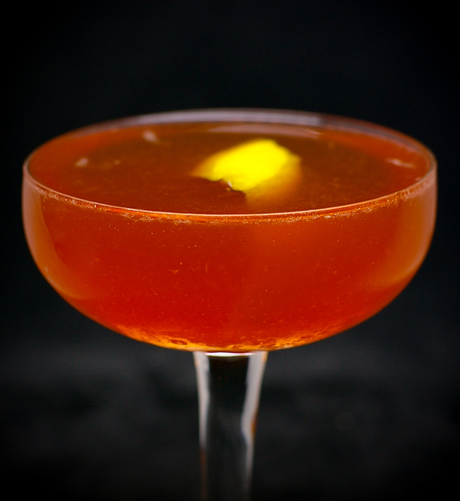 The cocktail itself in a chilled coupe and garnish with a lemon twist