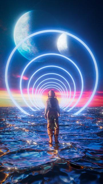 description by ChatgPT: This is a vibrant, surreal 3D-rendered sci-fi scene. A lone astronaut, seen from behind, stands on a shimmering alien ocean made of liquid that reflects the colorful sky above. The astronaut wears a classic bulky spacesuit in beige and brown tones, complete with a helmet and oxygen tanks.

Stretching out before the astronaut is a mesmerizing series of glowing, evenly spaced neon blue rings that form a tunnel into the distance, gradually getting smaller and converging toward a bright, unknown point on the horizon. The sky is an explosion of vivid colors – deep blues, fiery pinks, and oranges – suggesting either sunrise, sunset, or anotherworldly atmosphere.

Above, two large moons or planets loom in the darkening sky, their surfaces textured and illuminated, adding to the cosmic and dreamlike feeling of the scene. The entire image evokes themes of exploration, mystery, and the crossing into unknown worlds, blending beauty with a sense of vast, silent wonder.