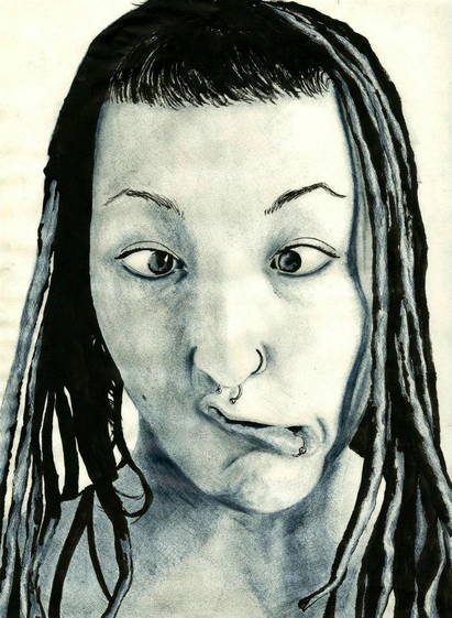 autorretrato haciendo mueca, hecho con tinta y tinta china en tamaño A3