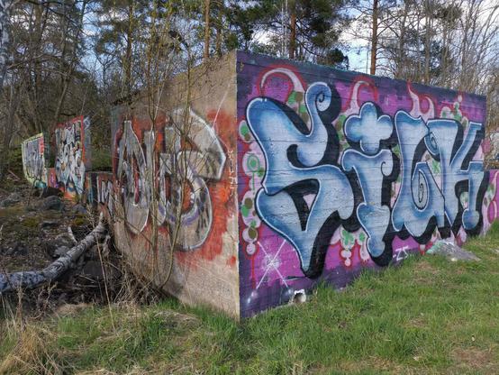Metsässä olevat rauniot, joihin on maalattu kirjavia graffiteja.