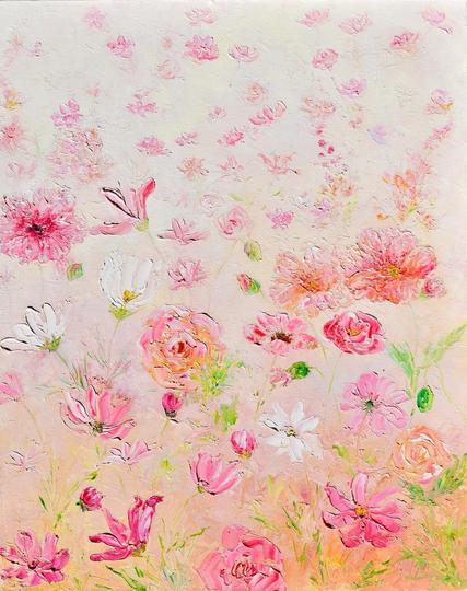 Thick textured vertical oil painting of spring flowers on a soft apricot background. The apricot background fades towards the top. The flowers are in shades of pink and apricot with white daisies.