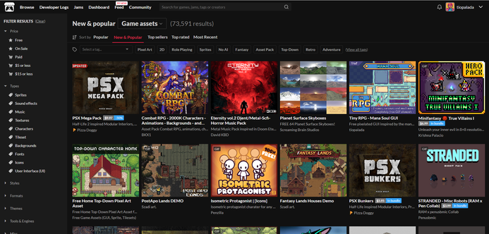 Itch.io screenshot showing that the Mana Soul GUI asset pack is at the top page of the New & Popular tab, being between the first 6 entries.