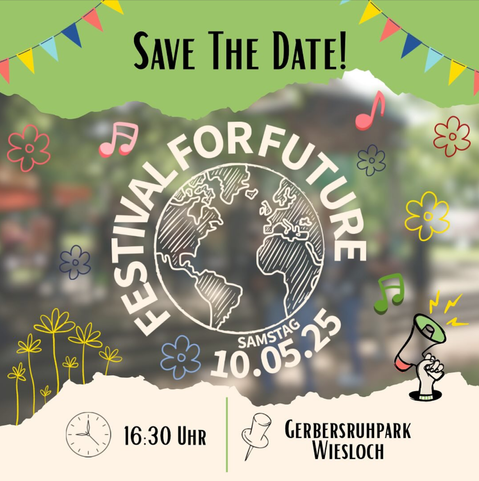 Mittig ein schwarz-weiß gehaltener Globus mit schraffierter Länderkarte. Umschrift um den Globus: 'Festival for Future' und den Terminangaben.
Im Hintergrund stilisierte Blümchen, Noten und bunten Wimpelketten in der rechten und linken Ecke.