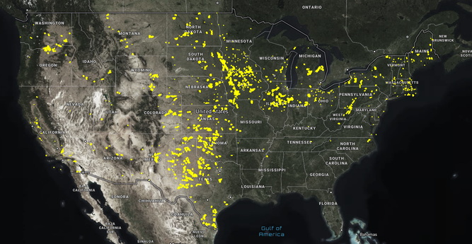 satellite view of usa with yellow dot for every turbine.