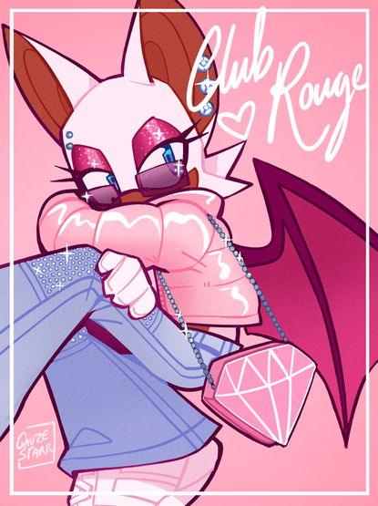A digital drawing of Rouge the Bat curled up in a stylish pose. She is wearing jeans with rhinestone gems, white sneakers, a puffy pink jacket, and a purse shaped like a pink diamond. She has sparkly magenta mascara and diamond earrings, and has shades over her eyes. END ID