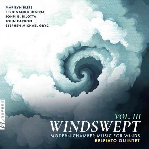 Cover of Belfiato Quintet’s Navona Records album “Windswept Vol. III” featuring a graphic of a swirl of clouds.
