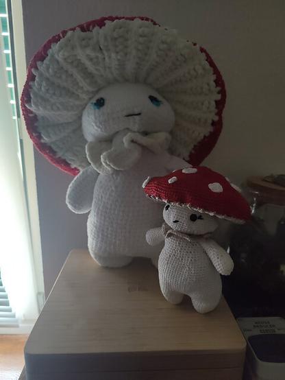 A pair of crocheted mushroom dolls sit atop a wooden box. The larger one has a white body with blue eyes and a red and white-spotted mushroom cap, while the smaller one has a white body with black eyes and a matching but smaller mushroom cap. Both have a soft, textured appearance. In the background, a window with partially opened blinds lets light into the room.